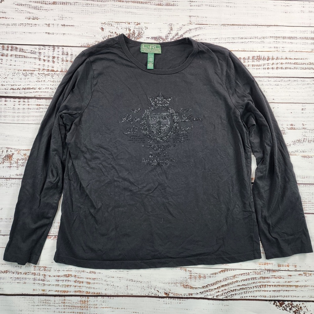 Lauren Active Ralph Lauren Black Beaded Crest Long Sleeve T-Shirt Womens XL‎